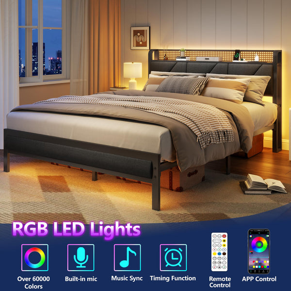 Platform Bed Frame with LED Headboard, Charging Station & Storage