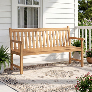 Solid Teak Wood Outdoor Bench with Armrests & Backrest, 3-Seat