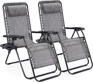 Zero Gravity Outdoor Lounge Chair Set of 2 with Cup Holder & Adjustable Pillow