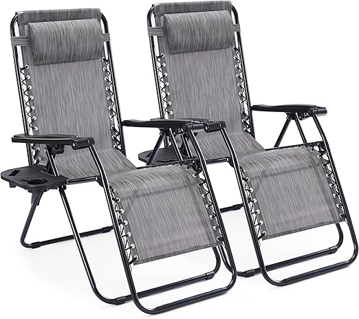 Zero Gravity Outdoor Lounge Chair Set of 2 with Cup Holder & Adjustable Pillow