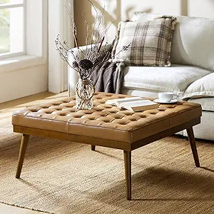 Genuine Leather Square Tufted Ottoman Coffee Table