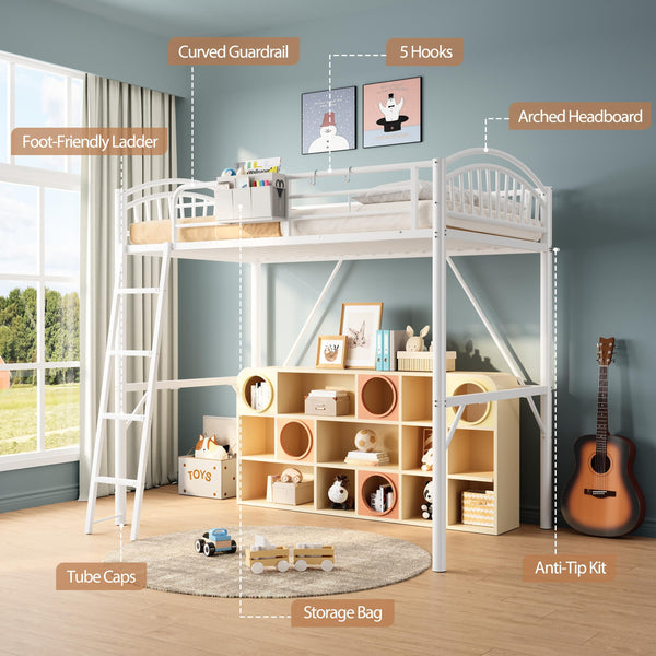 Twin Metal Loft Bed with Convertible Ladder & Guard Rails