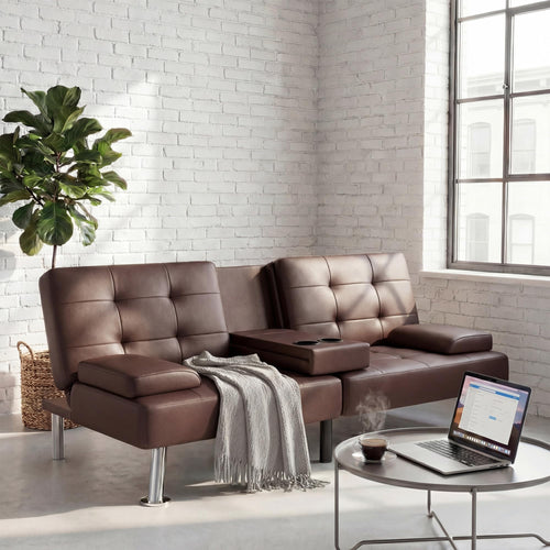 Convertible Futon Sofa Bed with Adjustable Backrest & Armrest