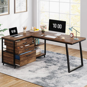Reversible L-Shaped Computer Desk with Drawers & Shelves