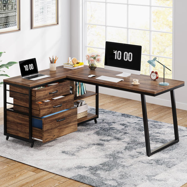 Reversible L-Shaped Computer Desk with Drawers & Shelves