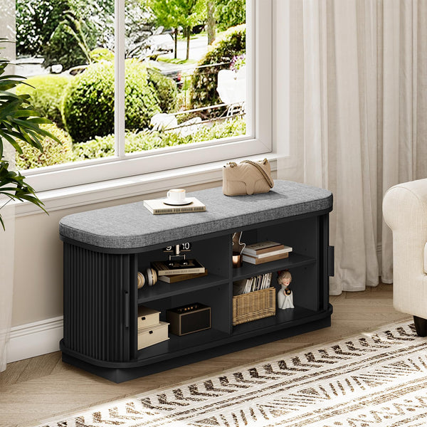 Shoe Storage Bench with Cushion and Sliding Doors