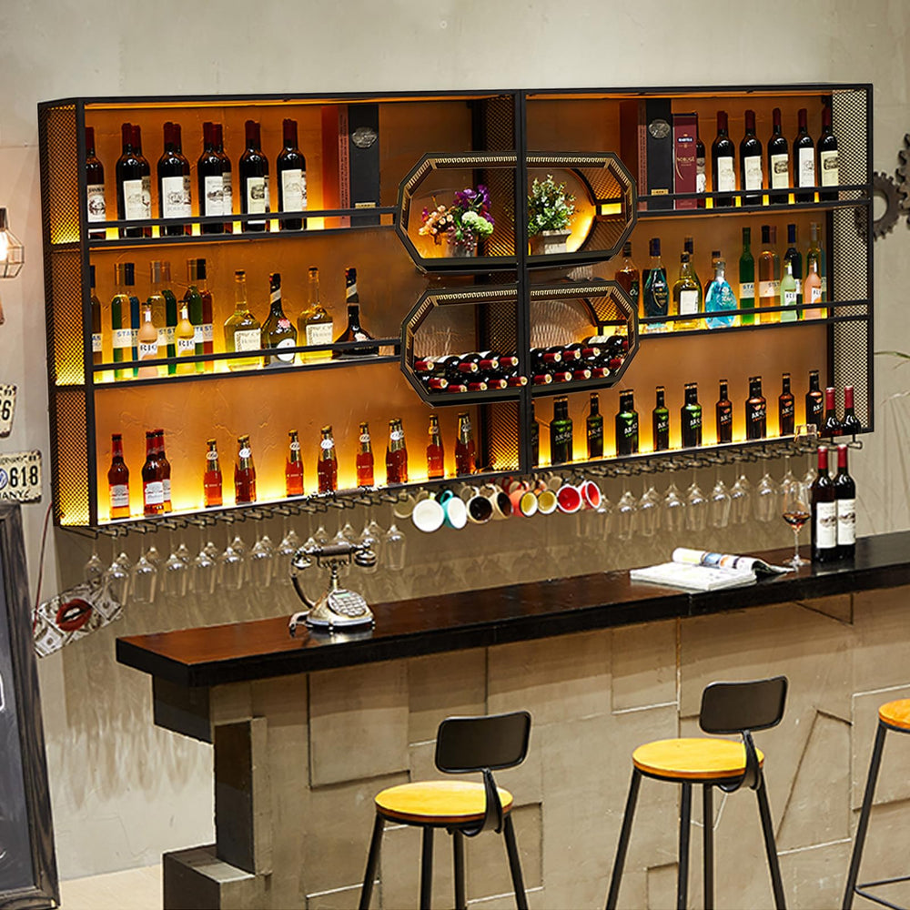 Wall Mounted Wine Rack with LED Light – 4-Tier Floating Bar Shelf