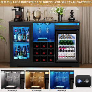 Bar Cabinet with Wine Cooler, LED Lights, Glass Holder & Wine Rack