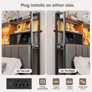 Upholstered Headboard with Storage Shelves, USB Charging & LED Light