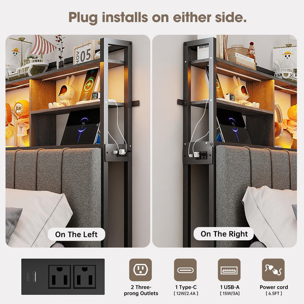 Upholstered Headboard with Storage Shelves, USB Charging & LED Light