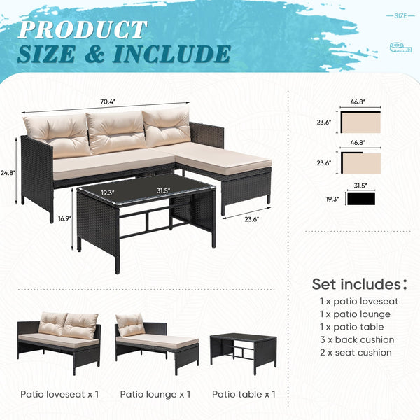 3-Piece Outdoor Wicker Rattan Sectional Sofa Set with Coffee Table