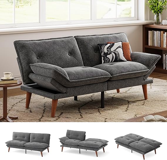 Convertible Futon Sofa Bed with Adjustable Backrest & Armrest