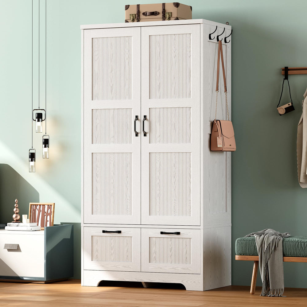 Armoire Wardrobe Closet with Doors, Drawers & Hanging Rod – White