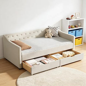 Upholstered Daybed with Storage Drawers | Linen Sofa Bed Twin & Full
