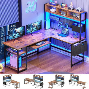 L-Shaped Gaming Desk with Hutch & LED Lights