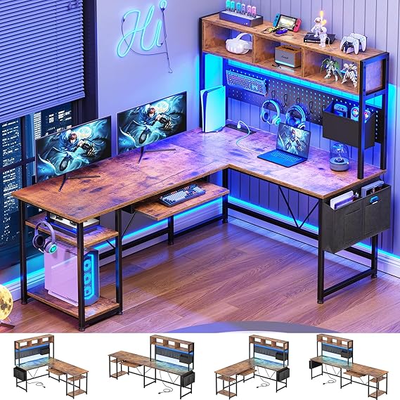 L-Shaped Gaming Desk with Hutch & LED Lights