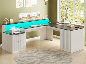 L-Shaped Executive Desk with Drawers, File Cabinet & Monitor Stand