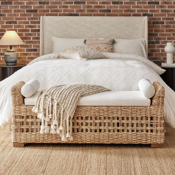 Water Hyacinth Storage Bench with Armrests & Pillows