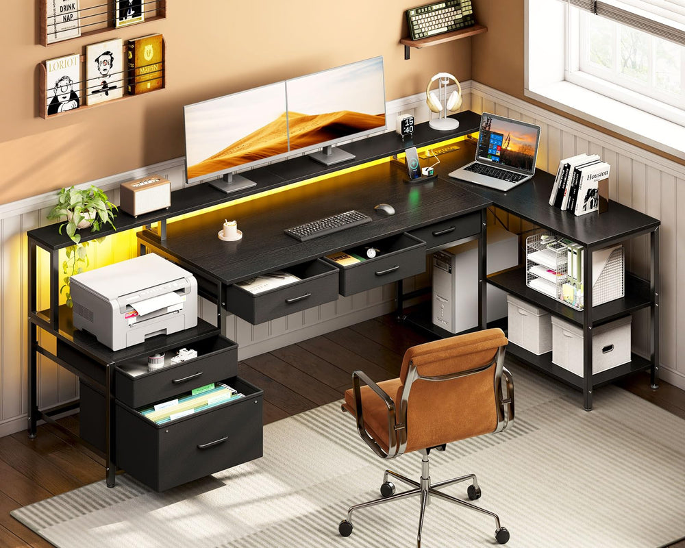 L-Shaped Gaming & Office Desk with Storage, LED Lighting & Power Outlet