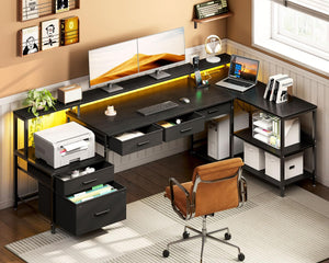 L-Shaped Gaming & Office Desk with Storage, LED Lighting & Power Outlet
