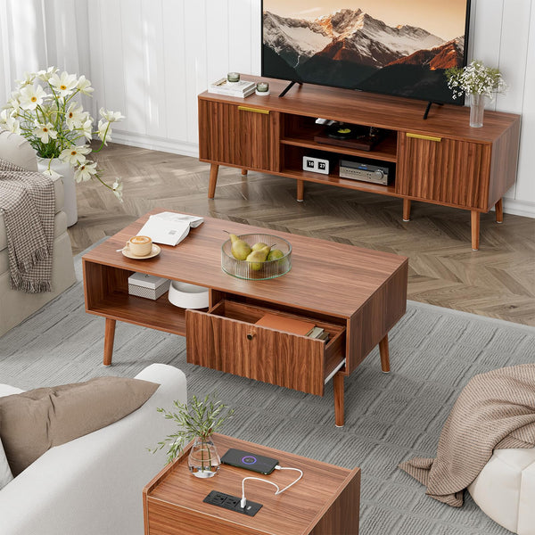 Fluted Door Coffee Table with Storage & Solid Wood Legs