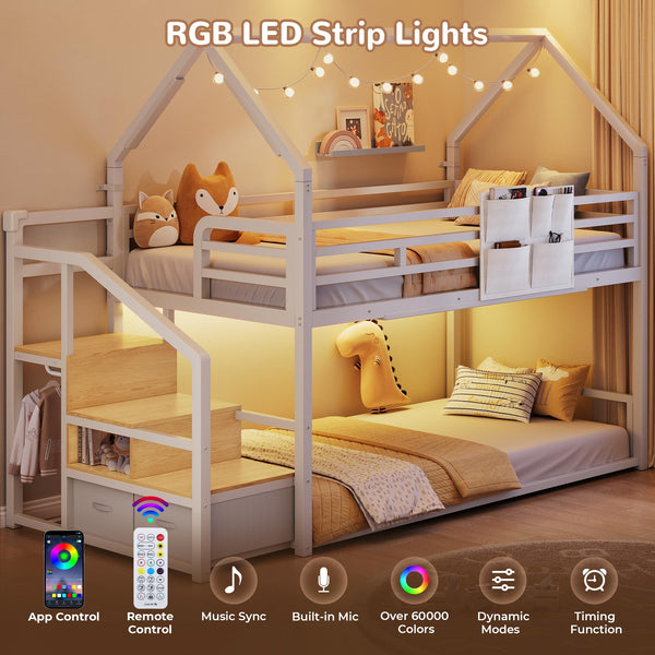 Twin Over Twin Bunk Bed with Storage Staircase & LED Lights