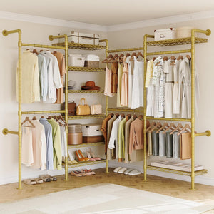 Wall Mounted Industrial Pipe Clothing Rack with 6 Rods & 8 Shelves