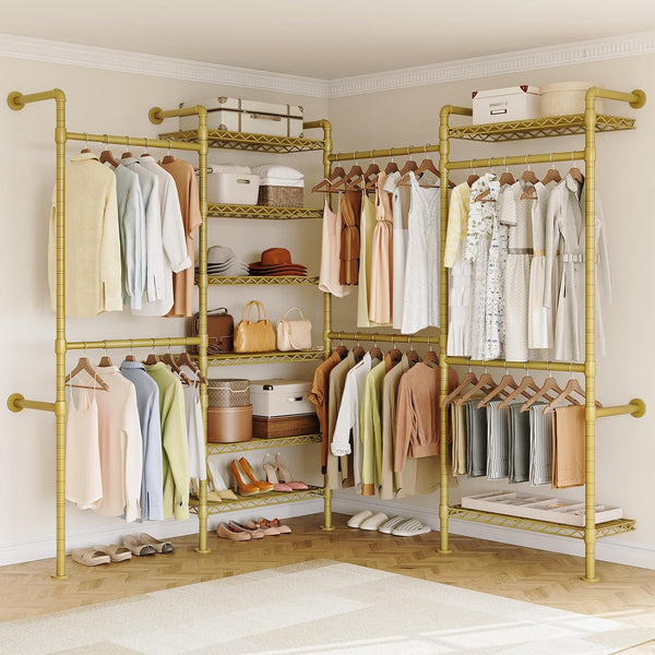 Wall Mounted Industrial Pipe Clothing Rack with 6 Rods & 8 Shelves