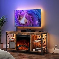 Fireplace TV Stand with Charging Station and LED Lights