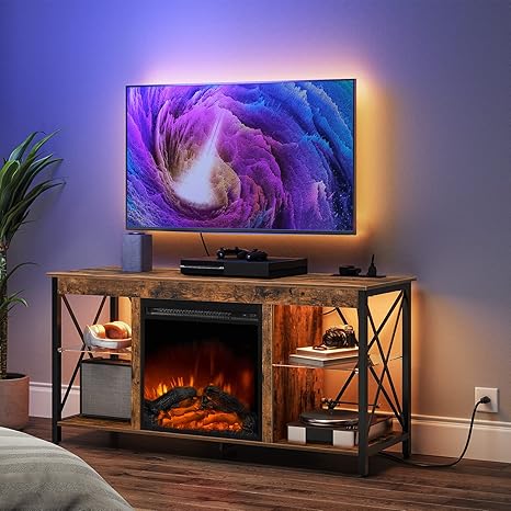 Fireplace TV Stand with Charging Station and LED Lights