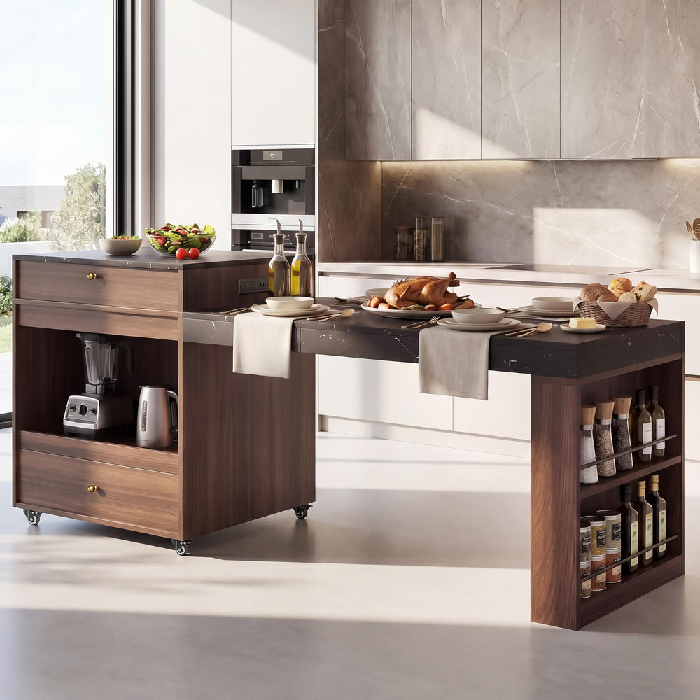 79" Extendable Kitchen Island Cart with Power Outlet & Storage