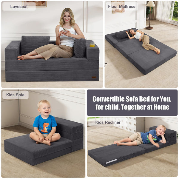 Convertible Futon Sofa Bed with Corduroy Cover & Pillow