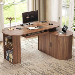 L-Shaped Rotating Computer Desk with Storage Cabinet, Keyboard Tray & Power Outlet – 60 Inch