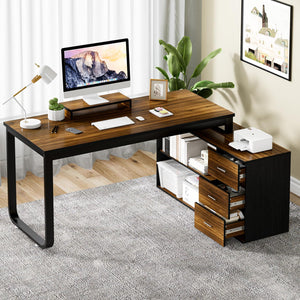 55-Inch Reversible L-Shaped Computer Desk – 3 Drawers, Monitor Stand & Storage Shelves