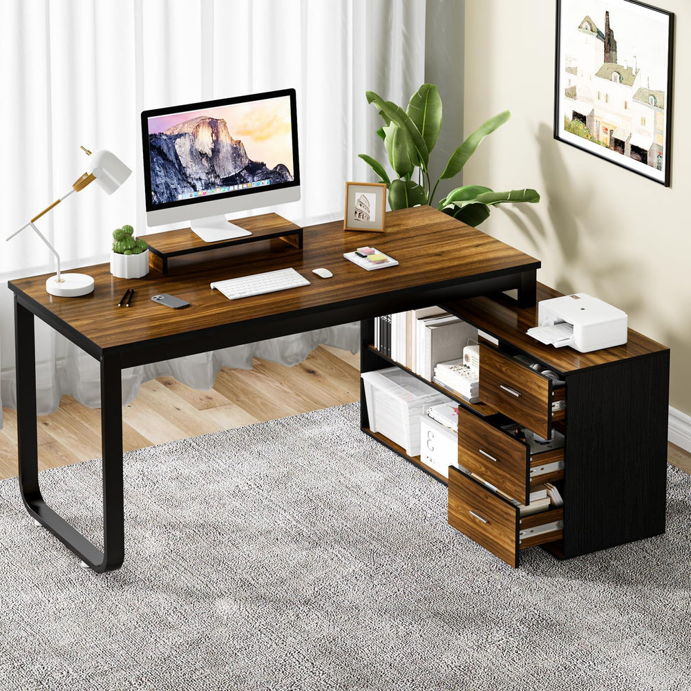 55-Inch L-Shaped Computer Desk with Drawers & Storage Shelves