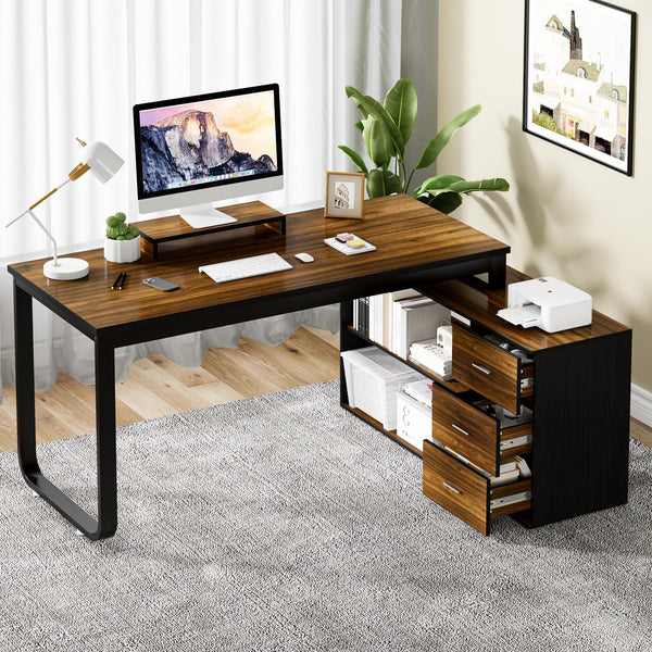 55-Inch L-Shaped Computer Desk with Drawers & Storage Shelves