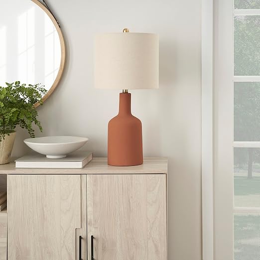 22" Terracotta Orange Ceramic Table Lamp with Oatmeal Linen Shade