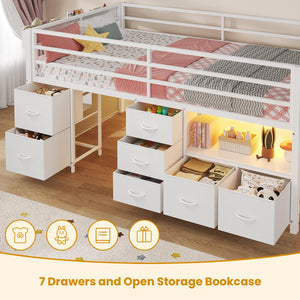 Twin Low Loft Bed with 7 Storage Drawers, LED Lights & Under-Bed Play Space