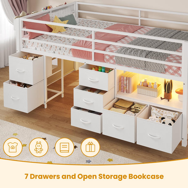 Twin Low Loft Bed with 7 Storage Drawers, LED Lights & Under-Bed Play Space