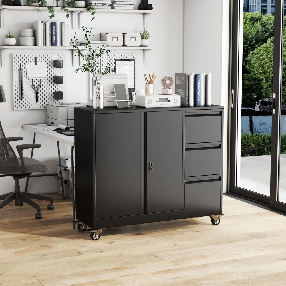 3-Drawer Lockable Metal File Cabinet with Wheels