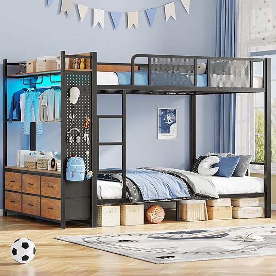 Metal Bunk Bed with Storage, LED Lights & Power Outlet