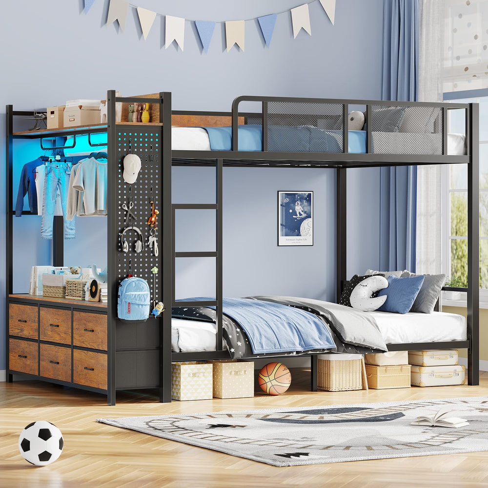 Metal Bunk Bed with Storage, LED Lights & Power Outlet