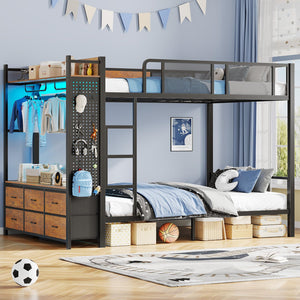 Metal Bunk Bed with Storage, LED Lights & Power Outlet