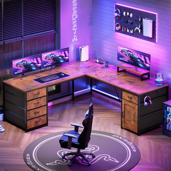 L-Shaped Computer Desk with Drawers, Monitor Shelf & Power Outlet