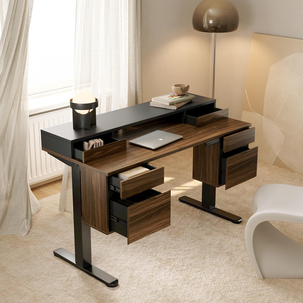 Electric Standing Desk with 6 Drawers & Monitor Shelf, 55 Inch