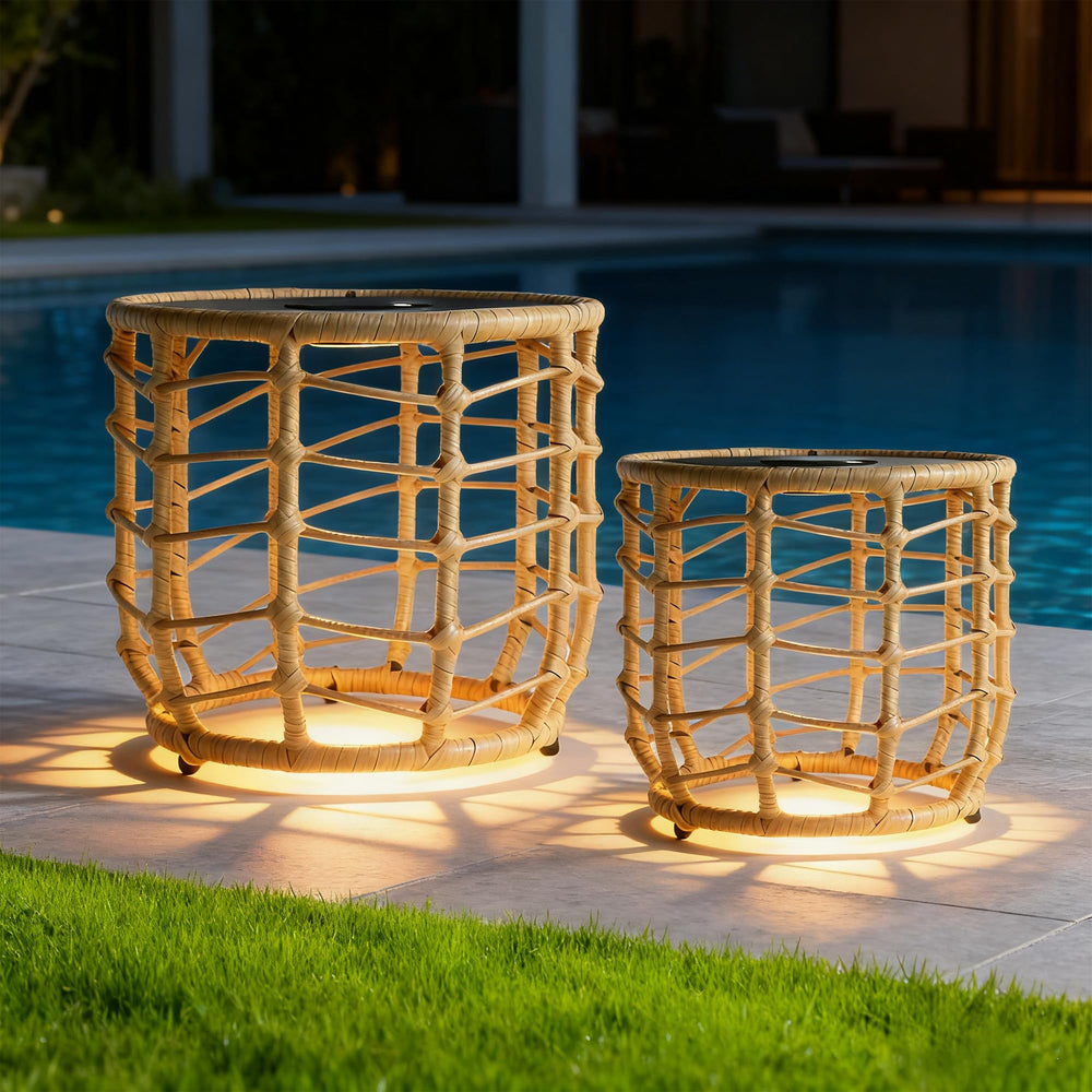 Boho Solar Outdoor Side Tables Set of 2 – All-Weather Wicker Nesting Tables