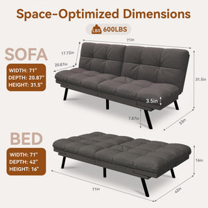 Convertible Futon Sofa Bed – Grey Linen with Adjustable Backrest & Armrests