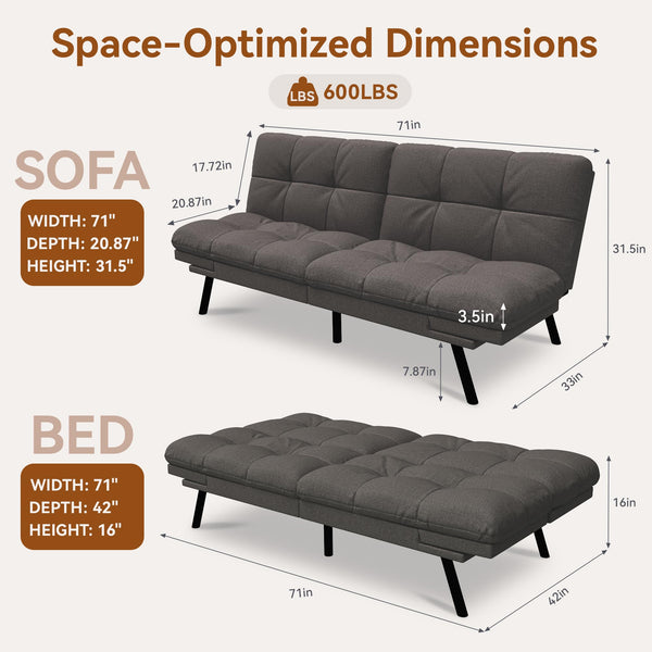 Convertible Futon Sofa Bed – Grey Linen with Adjustable Backrest & Armrests