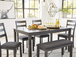 6-Piece Dining Table Set with Bench and Ladderback Chairs