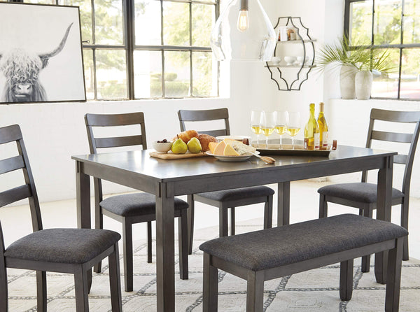 6-Piece Dining Table Set with Bench and Ladderback Chairs